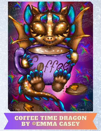 "Coffee Time Dragon" by Emma Casey Decorative Diamond Painting Release Papers