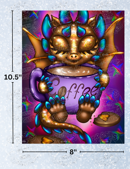 "Coffee Time Dragon" by Emma Casey Decorative Diamond Painting Release Papers