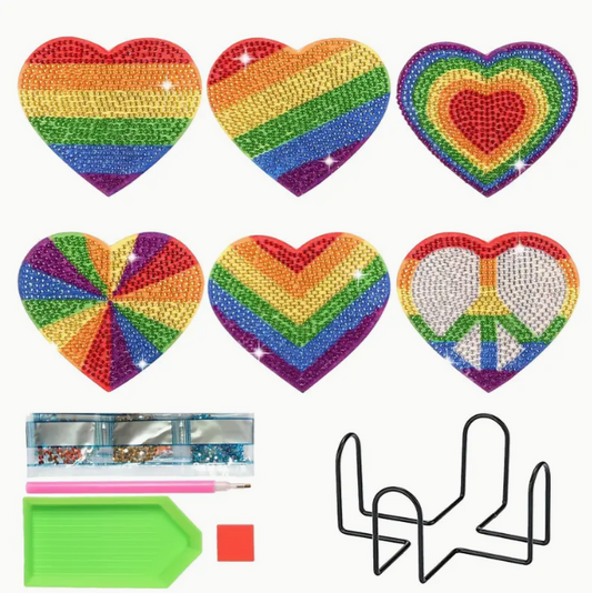 6pcs Rainbow Heart Diamond Painting Coaster Set with Stand