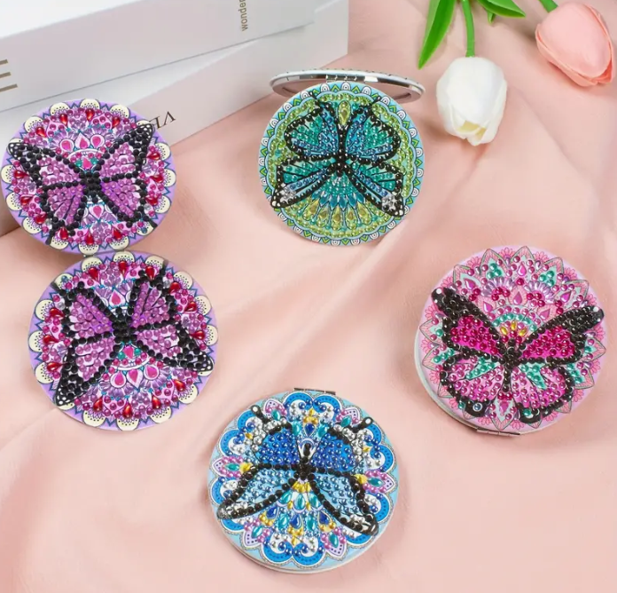 Pink Butterfly Compact Mirror Diamond Painting Kit