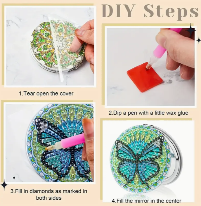 Pink Butterfly Compact Mirror Diamond Painting Kit